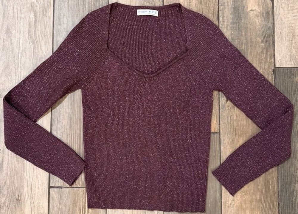 Primark Ribbed Sparkle Burgundy Long Sleeve Sweater Top